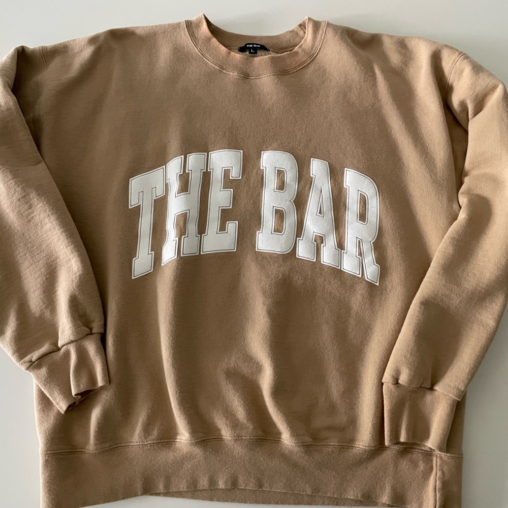 THE BAR tan and white varsity crewneck sweatshirt